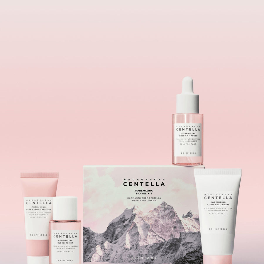 SKIN1004 Madagascar Centella Pore Minimizing Travel Kit with skincare products in travel-sized containers