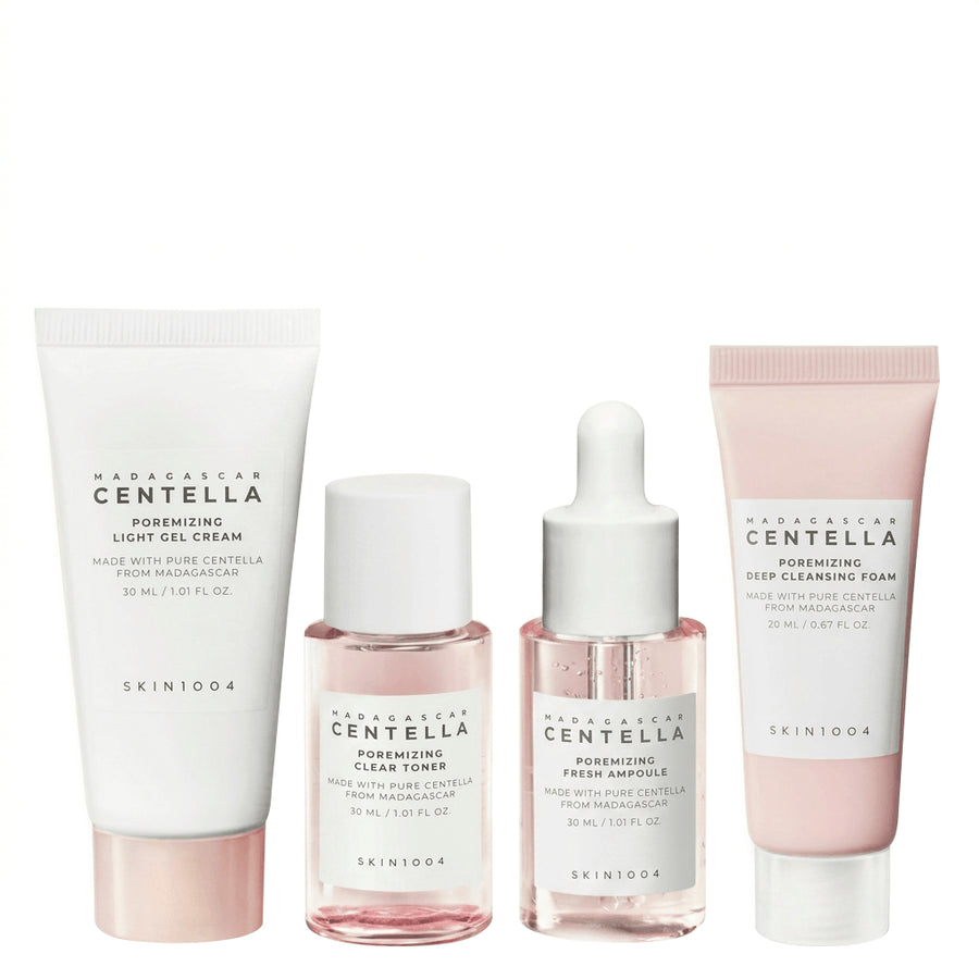 SKIN1004 Madagascar Centella Pore-Refining Travel Kit featuring skincare bottles and travel-sized containers for clear, refreshed skin
