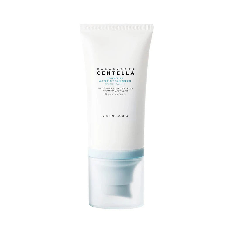 SKIN1004 Madagascar Centella Hyalu-Cica Water-fit Sun Serum SPF50+ PA++++ in a 50ml bottle, featuring a sleek design and pump dispenser.