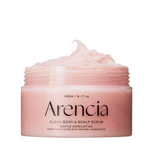 Arencia Fresh Cloud lavender and pear body and scalp scrub in a clear jar with a creamy texture and fresh lavender and pear scent