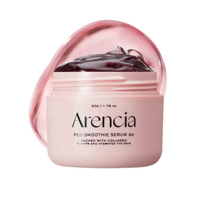 Arencia Red Smoothie Serum 30ml in a sleek bottle, showcasing the vibrant red color and smooth texture of the serum.
