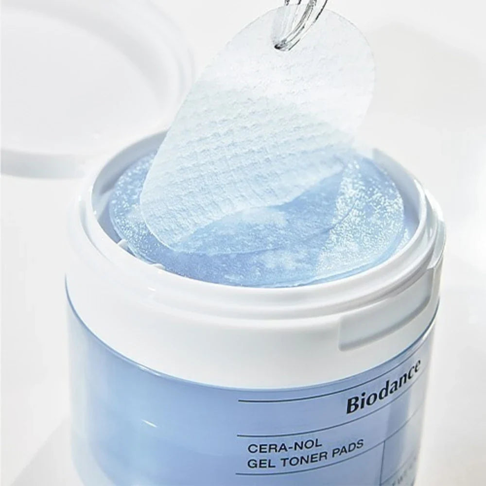 Nuaglow Biodance Cera-nol Gel Toner Pads from 5-step skincare routine for dry skin in a close-up image.