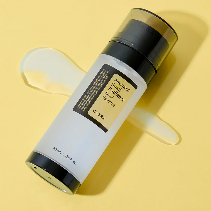 COSRX Advanced Snail Radiance Dual Essence with snail mucus, 80ml, for mature skin skincare routine by Nuaglow.