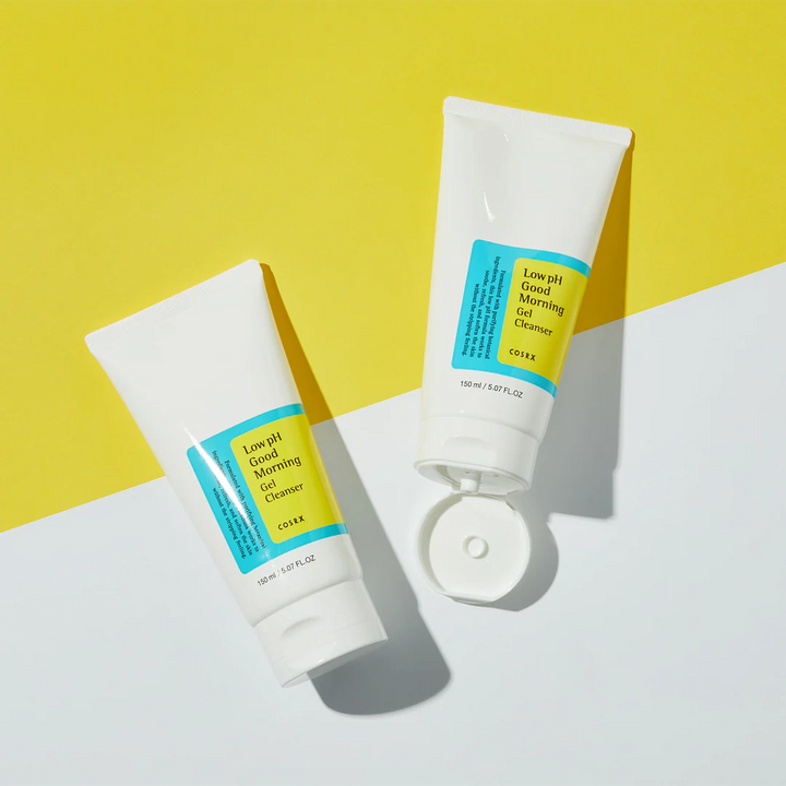 Nuaglow skincare routine with COSRX Low pH Good Morning Gel Cleanser in 150ml bottle, gentle face wash for combination skin