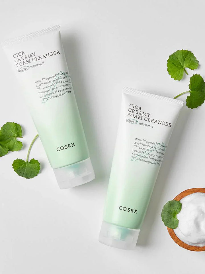 COSRX Cica Creamy Foam Cleanser from Nuaglow, showcasing creamy texture and soothing green formula in a tube.