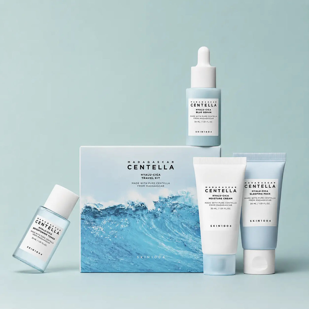 SKIN1004 Madagascar Centella Hyalu-Cica travel kit with small bottles of skincare products, ideal for on-the-go skincare routines.