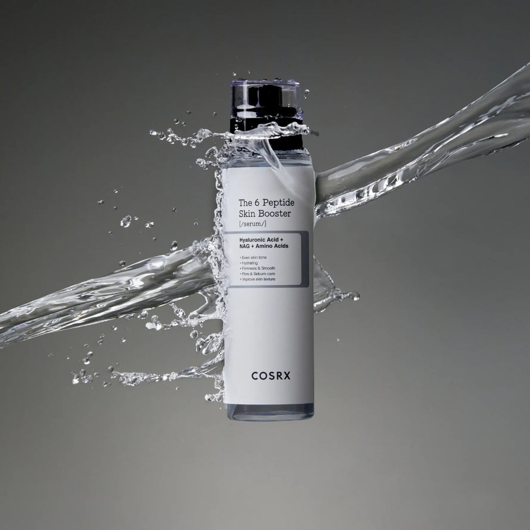 COSRX The 6 Peptide Skin Booster Serum in a 150 ml bottle, showcasing the clear serum and sleek packaging design.