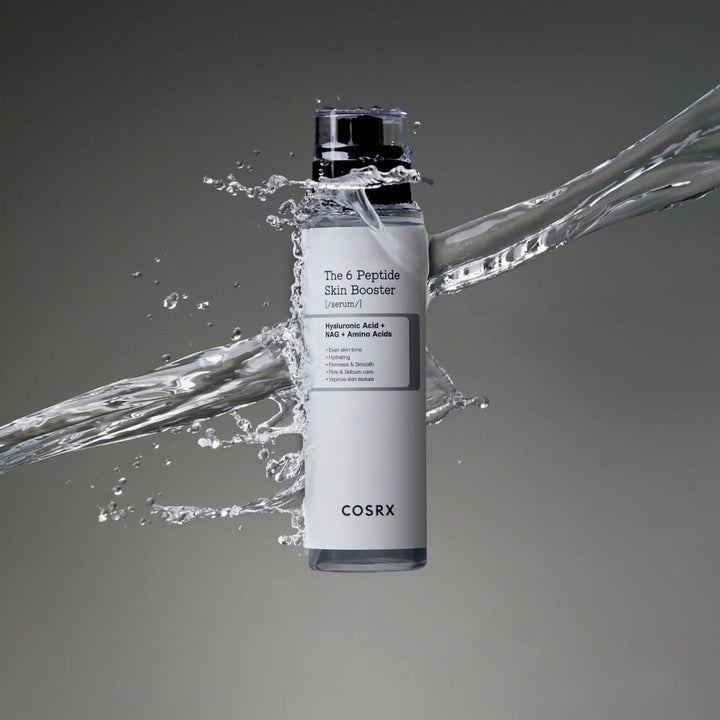 COSRX The 6 Peptide Skin Booster Serum in a 150 ml bottle, showcasing the clear serum and sleek packaging design.