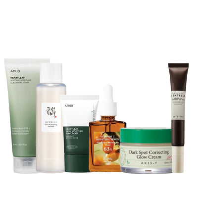 Nuaglow Maryams morgenrutine skincare routine featuring various products for a radiant complexion.
