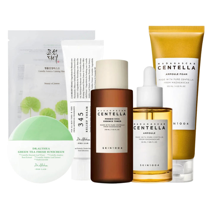 Nuaglow calming skincare routine for redness, featuring gentle products and soothing textures in a clean, organized setup.