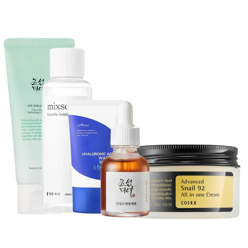 Nuaglow skincare routine for sensitive skin with gentle cleansers, moisturizers, and soothing products shown in a clean, organized layout.