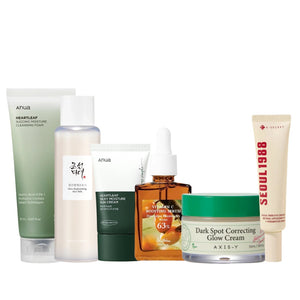 Nuaglow Maryams glow-up skincare routine set with skincare bottles and products arranged for a glowing skin regimen.