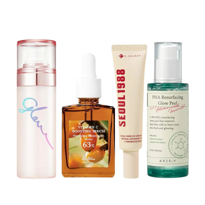 Nuaglow Maryams 4 Favoritter skincare routine set with sleek bottles and containers, ideal for daily skincare and hydration.