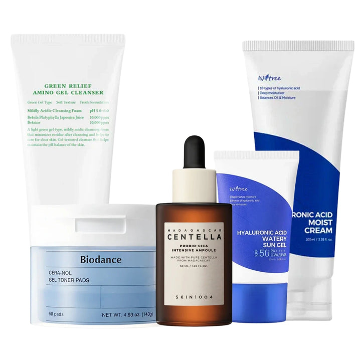 Nuaglow 5-trins rutine til tør hud, featuring skincare products in sleek bottles and jars on a clean background.