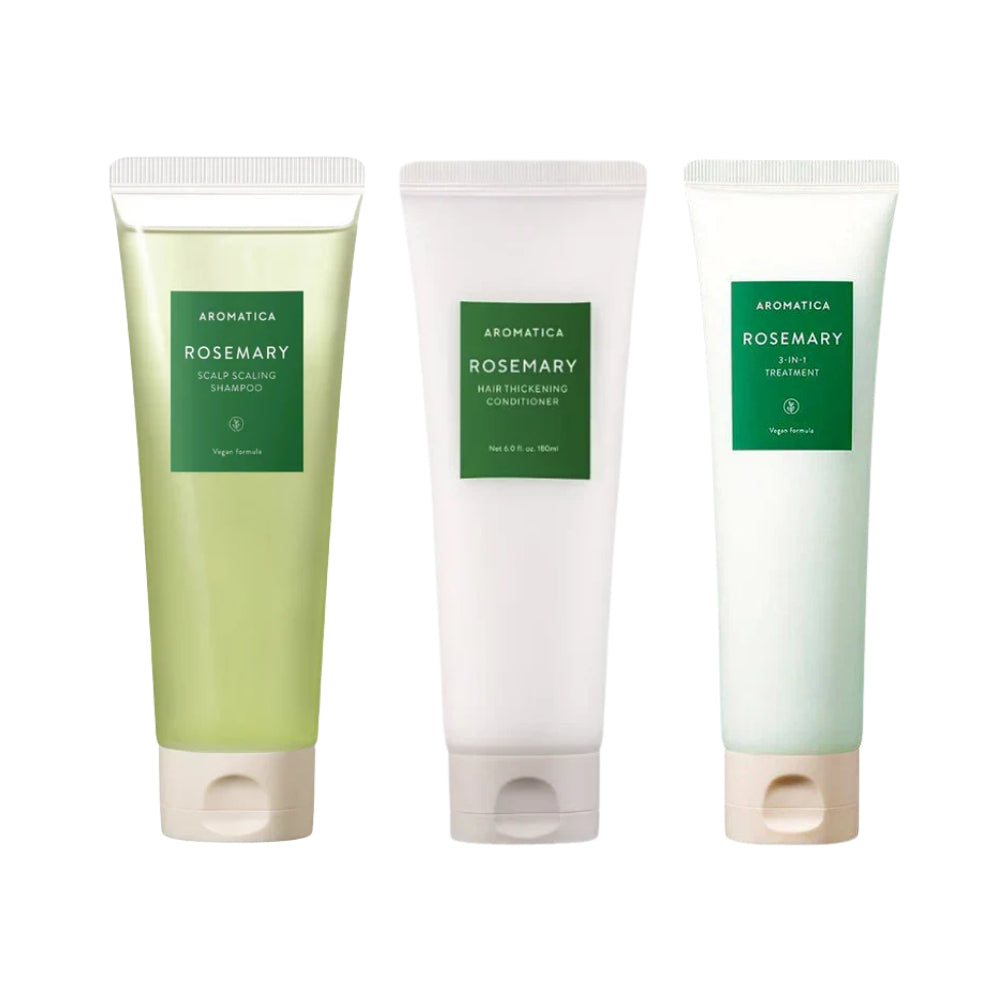 AROMATICA hair care routine set with bottles and packaging, natural ingredients, and eco-friendly design.