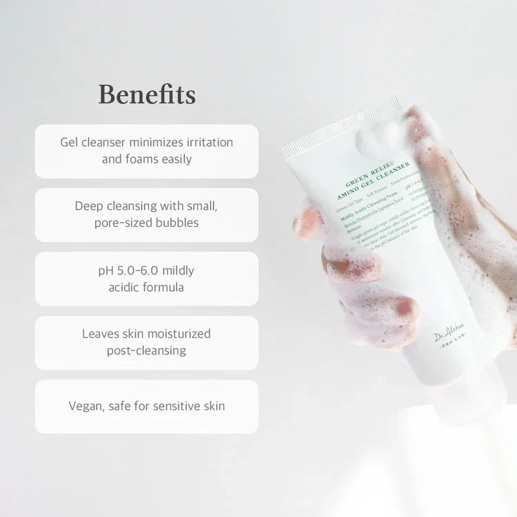 Nuaglow Dr. Althea Green Relief Amino Gel Cleanser for dry skin in a sleek tube, part of a 5-step skincare routine.