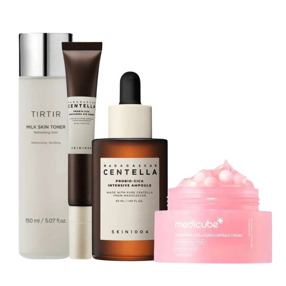 Set of four skincare favoritter from Nuaglow, featuring natural ingredients and elegant packaging for healthy, glowing skin.