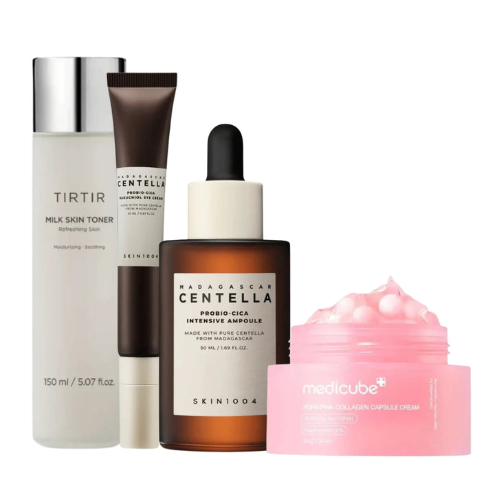 Set of four skincare favoritter from Nuaglow, featuring natural ingredients and elegant packaging for healthy, glowing skin.