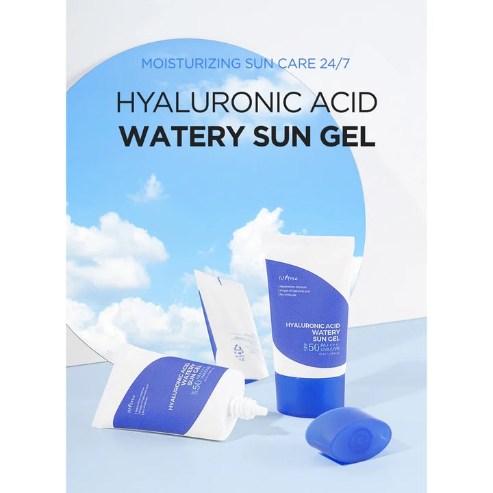 Nuaglow 5-trins tør hud rutine with Isntree Hyaluronic Acid Watery Sun Gel SPF50 PA for hydrating sun protection