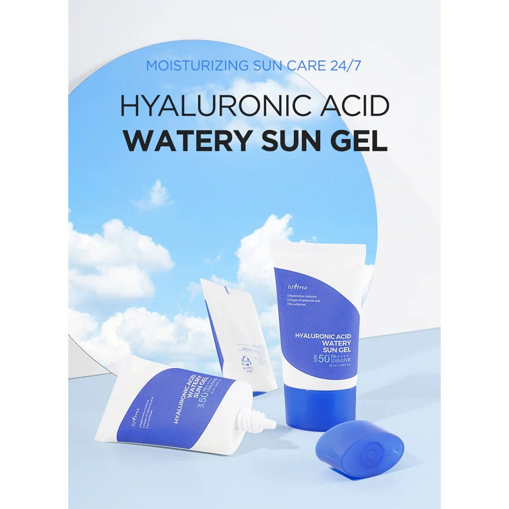 Nuaglow skincare routine featuring Isntree Hyaluronic Acid Watery Sun Gel SPF50 PA with hydrating, lightweight sun protection for sensitive skin.