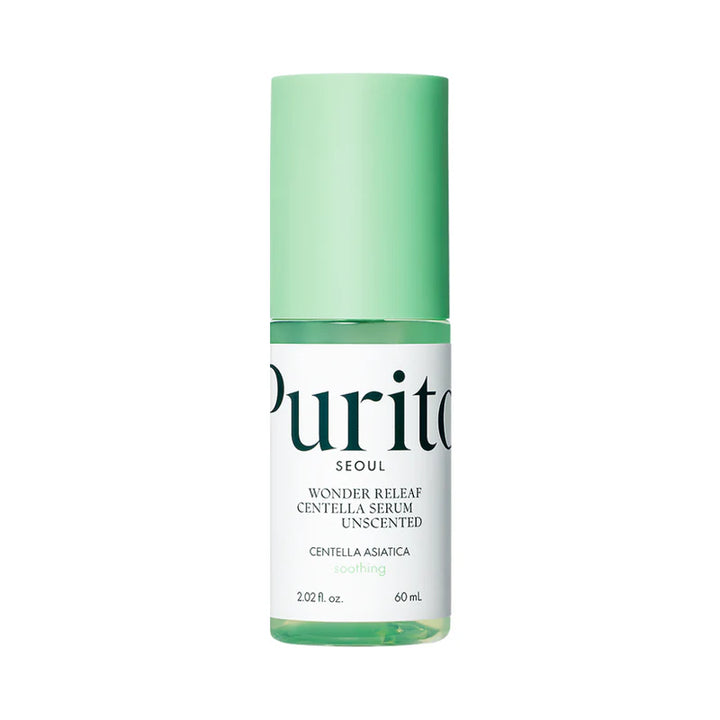 Bottle of Purito Wonder Releaf Centella Serum Unscented 60ml with dropper applicator, displaying clear serum inside a sleek bottle.