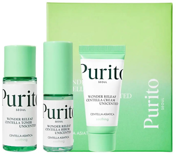 Purito Wonder Releaf Centella Mini Kit Unscented with 60ml skincare products, compact travel-sized set for soothing and calming skin.