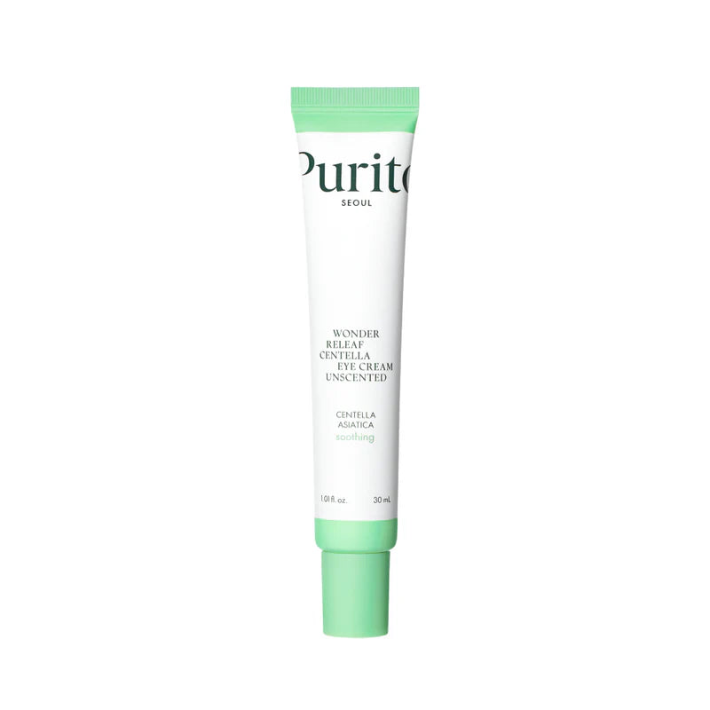 Purito Wonder Releaf Centella Eye Cream in 30ml jar, unscented skincare product for sensitive skin around the eyes.