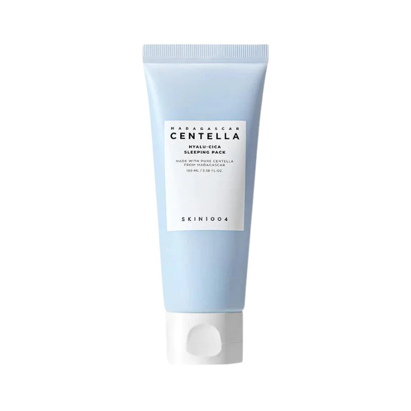 SKIN1004 Madagascar Centella Hyalu-Cica Sleeping Pack in 100ml jar, soothing skincare mask with hyaluronic acid and centella for hydration.