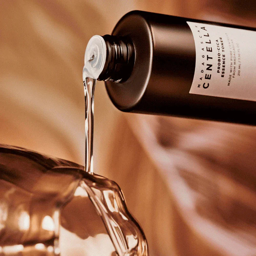 Nuaglow skincare routine for sensitive skin, featuring Madagascar Centella Probio-Cica Essence Toner in a sleek bottle.