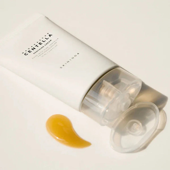 Nuaglow skincare routine featuring SKIN1004 Madagascar Centella Soothing Cream for teenage skin, shown in a clean, minimal container.