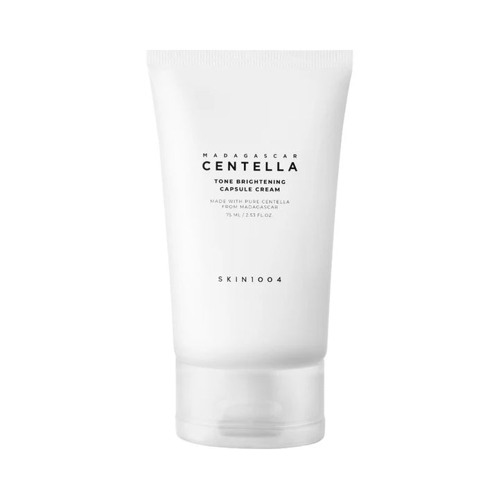 SKIN1004 Madagascar Brightening Capsule Cream jar, 75ml, with a smooth cream texture and brightening skincare benefits.