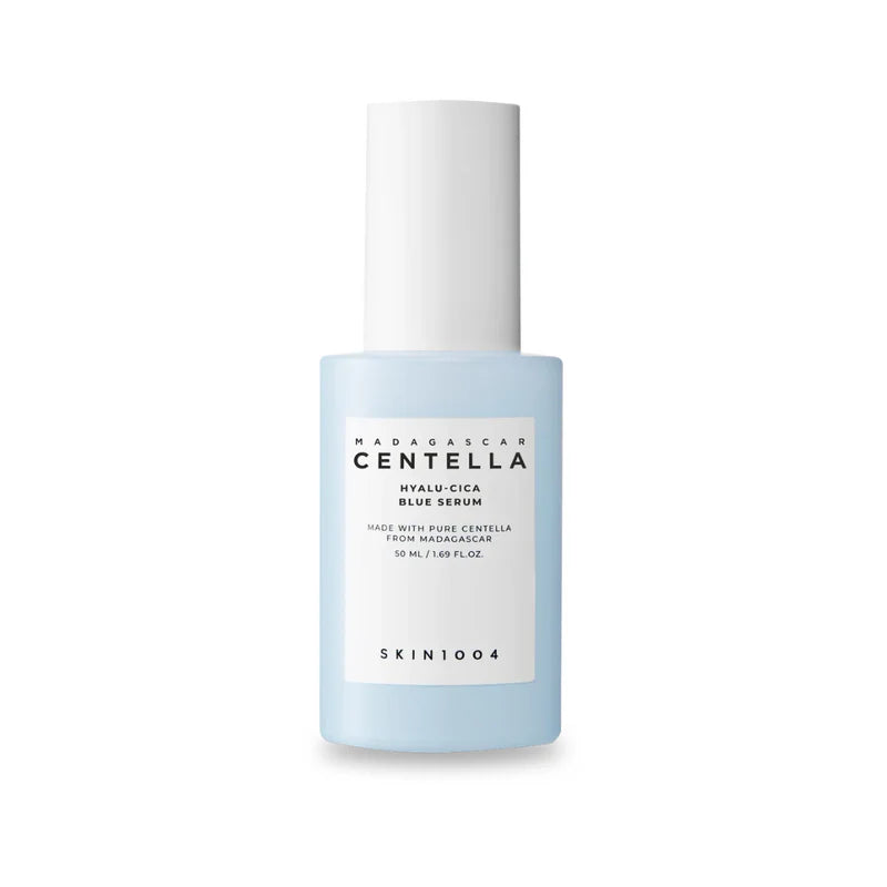 SKIN1004 Hyalu-Cica Blue Serum in a 50ml bottle, featuring a clear blue serum with a dropper for skincare application.
