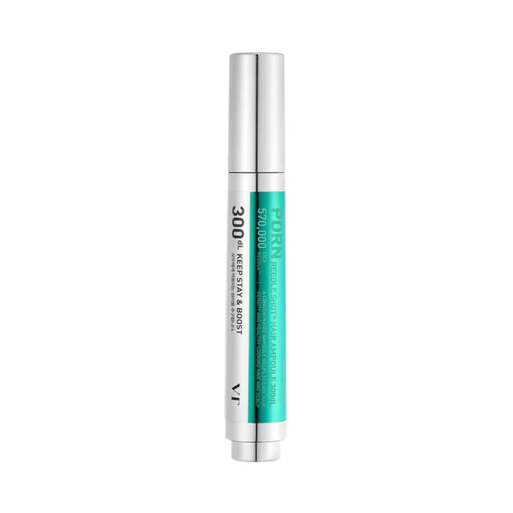 VT Cosmetics PDRN Reedle Shot Hair Ampoule 300dL, 15ml bottle, nourishing hair care treatment with visible applicator in the image.