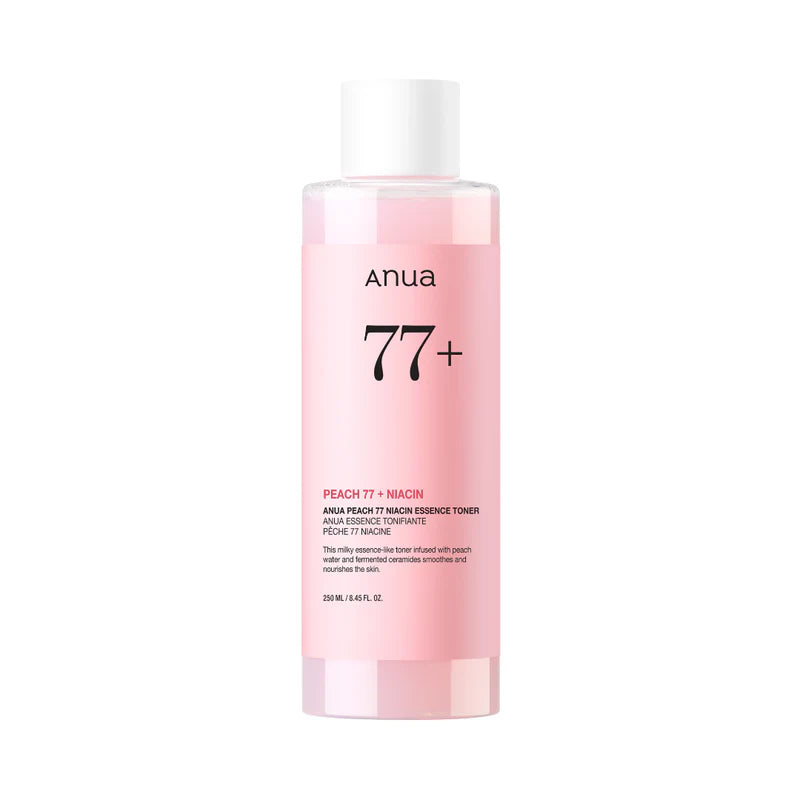 ANUA Peach 77 Niacin Essence Toner in a 250ml bottle, showing the clear liquid and peach-themed packaging.