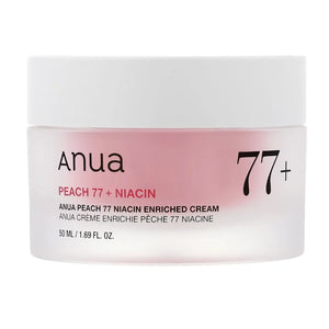 ANUA Peach 77% Niacin Ansigtscreme i 50 ml, vises i åben cremebeholder med ferskenfarvet lotion og påfugledeksel
