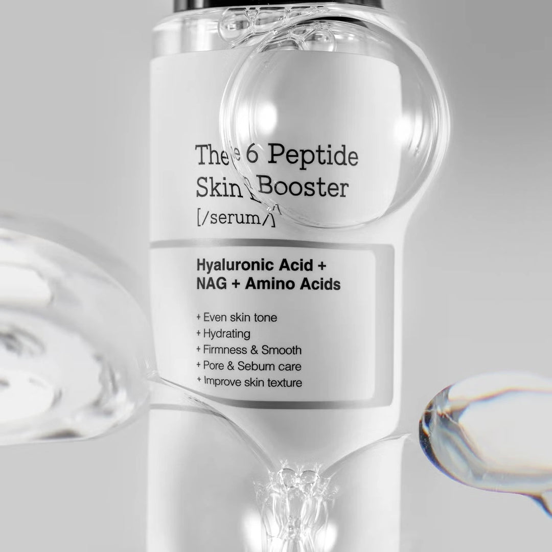 COSRX The 6 Peptide Skin Booster Serum in a clear bottle, showcasing the lightweight, hydrating toner texture.