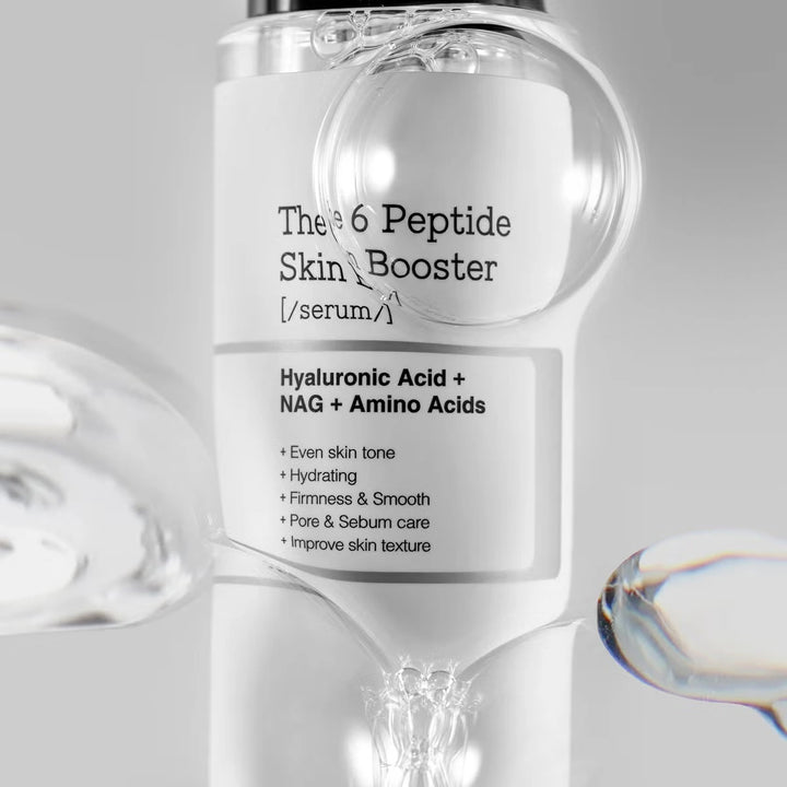 COSRX The 6 Peptide Skin Booster Serum in a clear bottle, showcasing the lightweight, hydrating toner texture.