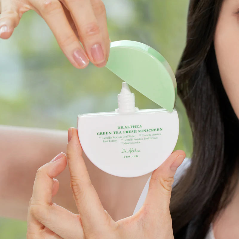 Dr. Althea Green Tea Fresh Sunscreen SPF50+ PA++++ in 45ml tube, featuring a green tea-infused formula for sun protection