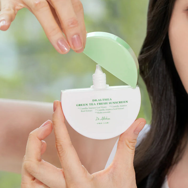 Dr. Althea Green Tea Fresh Sunscreen SPF50+ PA++++ in 45ml tube, featuring a green tea-infused formula for sun protection