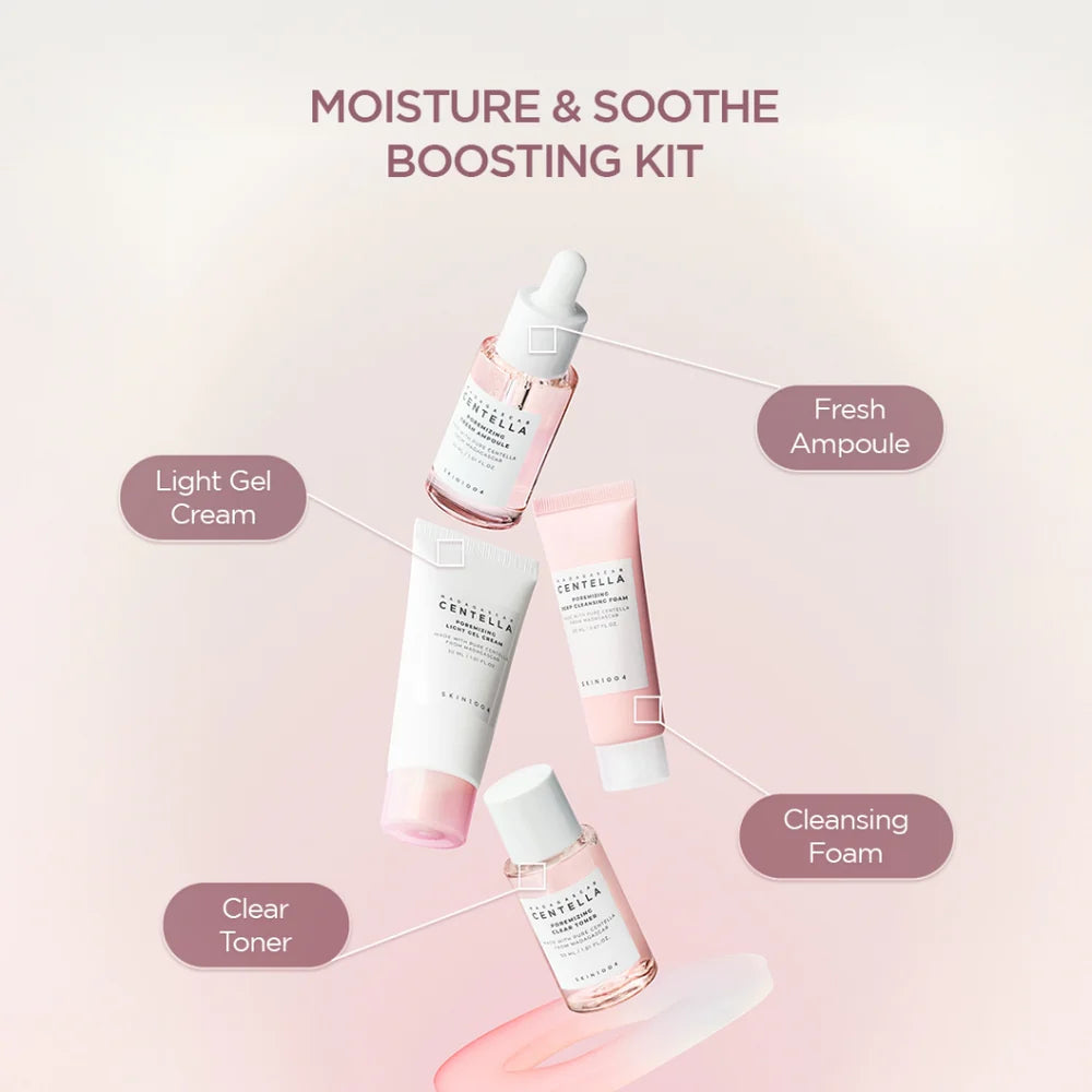 SKIN1004 Madagascar Centella Pore Minimizing Travel Kit with skincare products in travel-sized bottles and packaging.