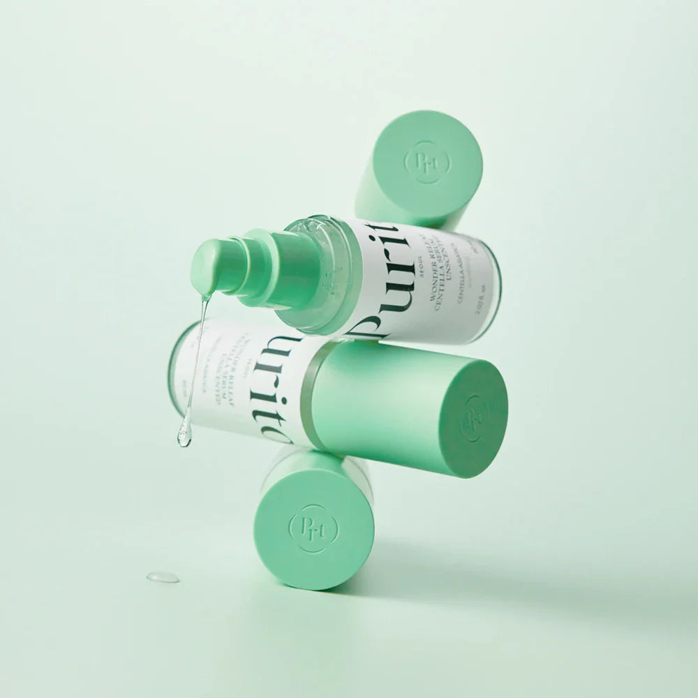 Nuaglow skincare routine for rosacea featuring Purito Wonder Releaf Centella Serum, unscented, suitable for sensitive skin.