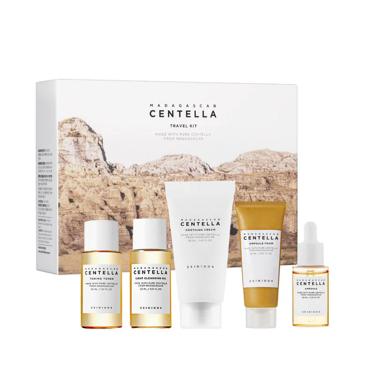 Travel-sized SKIN1004 Madagascar Centella skincare kit with 170 ml bottles, ideal for on-the-go skincare routines.